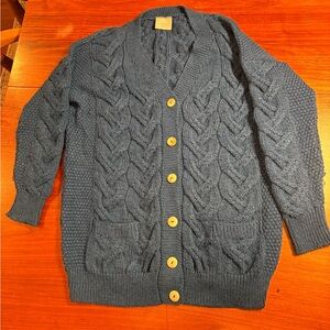 Aran Woolen Mills Blue Cable-Knit Irish Merino Wool Cardigan Sweater XL